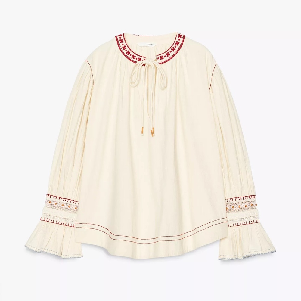 Zara Cream Top with Red Embroidery